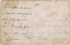 Zdjęcie ze zbiórki żołnierzy pododdziału 22 p.p. 1919-1920 przesłane ojcu Józefowi przez Jana Miazka. Tekst na odwrocie zdjęcia.