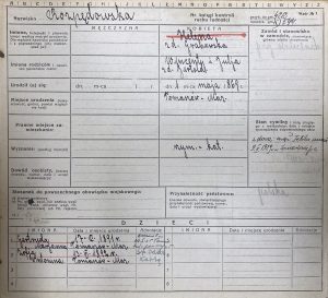 Karta Heleny Rozpędowskiej z księgi kontroli ruchu ludności - awers. Archiwum Państwowe w Piotrkowie Trybunalskim oddział w Tomaszowie Mazowieckim