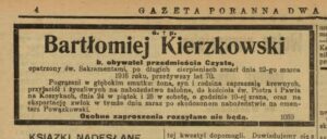 Nekrolog Bartłomieja Kierzkowskiego w Gazecie Porannej 2 Grosze nr 84 z z dnia 24 marca 1916 roku