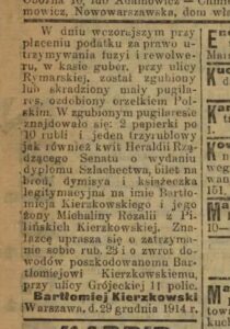 Ogłoszenie Bartłomieja Kierzkowskiego w Gazecie Porannej 2 Grosze nr 817 z 30 grudnia 1914 roku